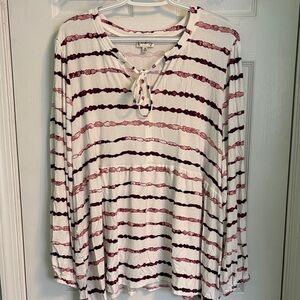White & Burgundy Long Sleeve Plus Striped Top. Size 3X.